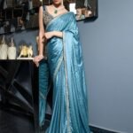 Women's Satin Silk Teal Woven Designer Saree with Unstitched Blouse