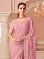 Womens Georgette Pink Embellished Saree with Unstitched Blouse - Image 3