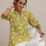 Yellow Printed Cotton Straight Short Kurti