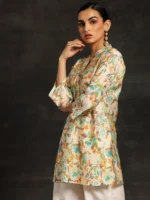 Beige Printed Silk Blend Straight Kurtis - Image 3