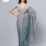 Madelyn Luxe Steel Ombre Sequin Pre Draped Saree with Unstitched Blouse