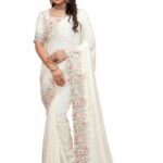 Cream Heavy Sequence Coding Embroidered Border Work Satin Silk Saree Sari For Women and Girls with Attach Blouse Piece