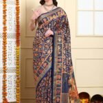 Women Royal Blue Patola Silk Saree with Unstitched Blouse
