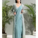 Dusty Blue Saree with Stitched Blouse and Jacket