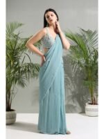 Dusty Blue Saree with Stitched Blouse and Jacket - Image 2