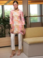 Pink Printed Silk Blend Straight Kurti - Image 3