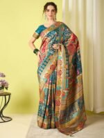 Teal Woven Viscose Saree with Unstitched Blouse