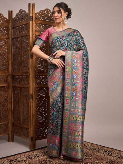 Teal Woven Viscose Saree with Unstitched Blouse