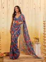 Blue Carnival Bloom Draped Saree with Stitched Blouse - Image 3