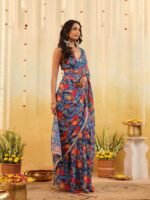 Blue Carnival Bloom Draped Saree with Stitched Blouse