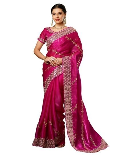Women's Tissue Silk Sequence Embroidery Scalloped Border Saree With Unstitched Blouse Piece
