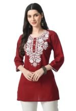 Kurti for Women - Short Chikankari Kurtis for Girls, Lakhnawi Tunic Top Kurta Design for Ladies, Woman Ethnic Kurthis & Shirt with Sleeve, Plain Straight Embroidery for Office