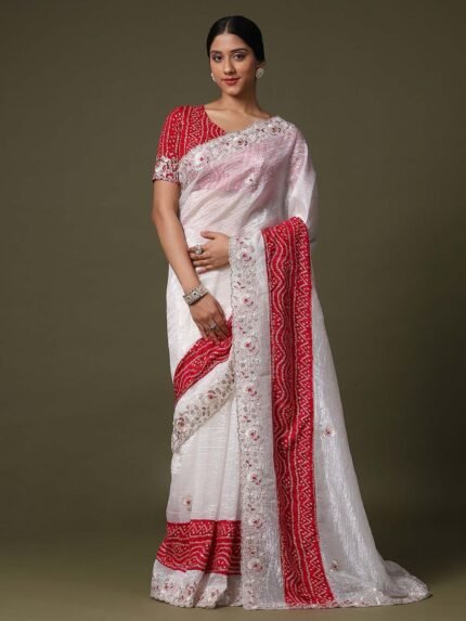 Womens Tissue White Embellished Designer Saree With Unstitched Blouse