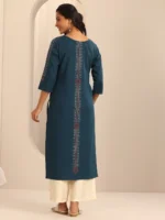 Navy Printed Cotton Blend Straight Kurta - Image 2