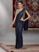 Silver and Blue Sequin Embellished Crop Top and Pre-Stitched Saree (Set of 2)