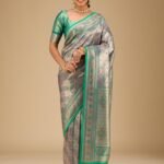 Rama Green Swarovski Raw Silk Saree with Unstitched Blouse