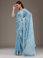 Sky Blue Zari Georgette Saree with Unstitched Blouse - Image 2