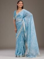 Sky Blue Zari Georgette Saree with Unstitched Blouse - Image 5