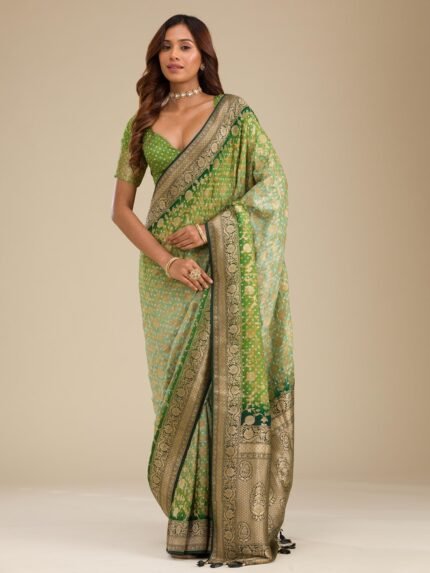 Leaf Green Zari Georgette Saree with Unstitched Blouse
