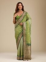 Leaf Green Zari Georgette Saree with Unstitched Blouse - Image 3