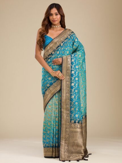 Turquoise Blue Zari Georgette Saree with Unstitched Blouse