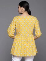 Yellow Printed Cotton A-Line Kurti - Image 4
